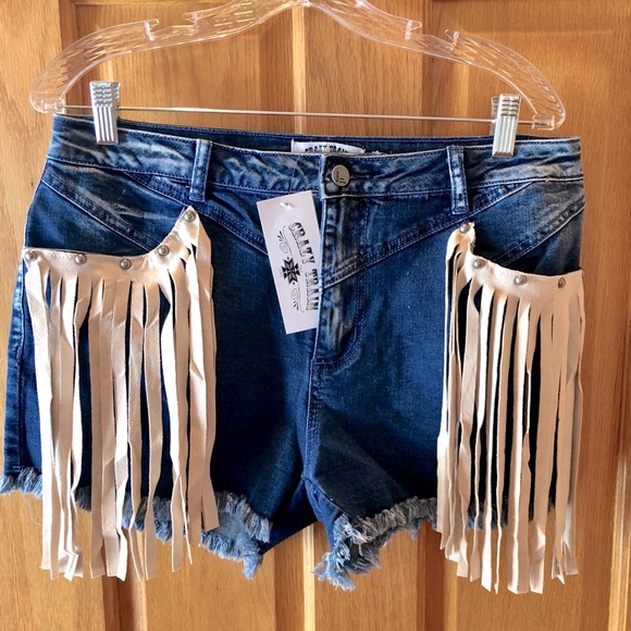 Crazy Train Pants - CRAZY TRAIN FRINGE POCKET DENIM SHORTS L NWT